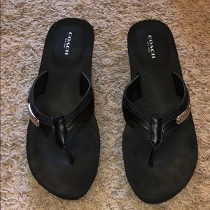 Coach black logo thong sandal wedge size 9.5
